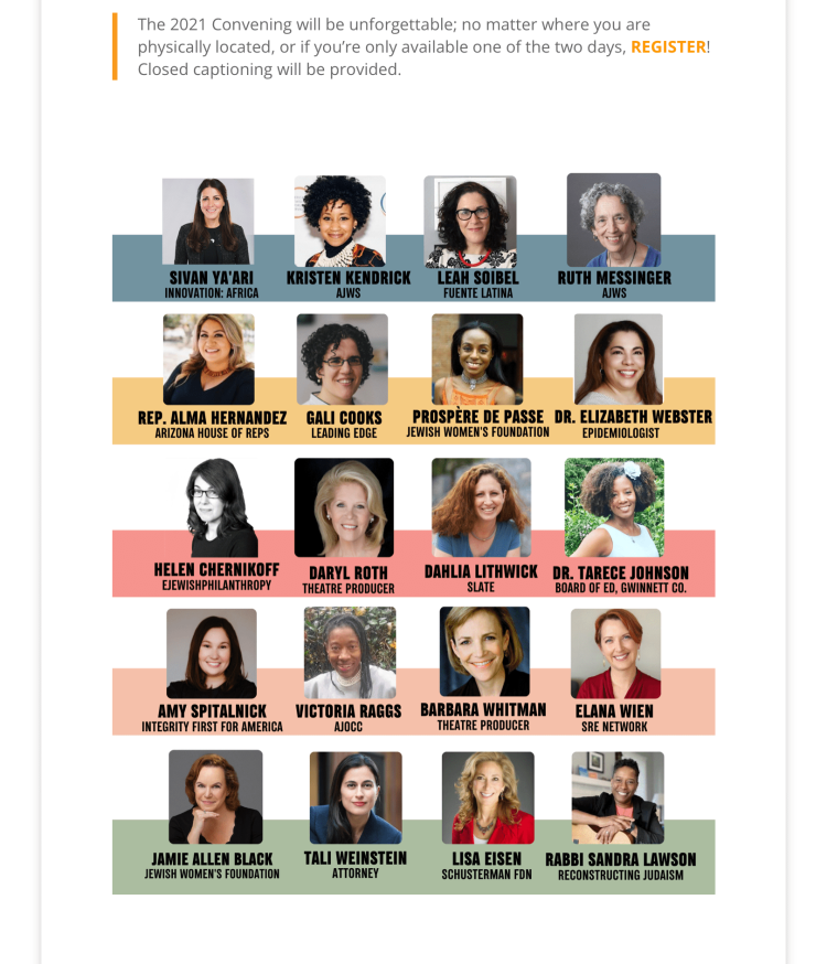 Flyer advertising 2021 convening with a list of women hosts